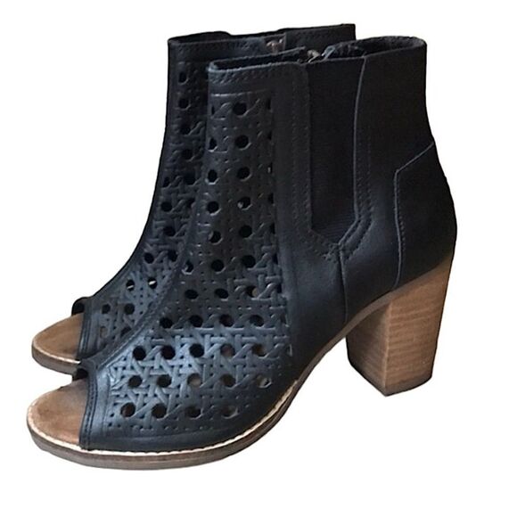 TOMS Majorca Peep Toe Bootie Basketweave Leather Women's 6.5 Black - Picture 1 of 13
